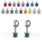 erh574 steel huggies earrings w dangling crystal turtle