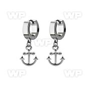 erh632 steel huggies earrings w dangling plain anchor design