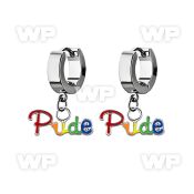 erh648 steel huggies earrings w dangling gay pride slogan