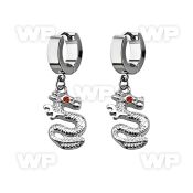 erh721 steel huggies earrings w dangling dragon w crystal eye