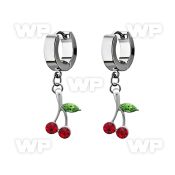 erhch10 steel huggies earrings w dangling crystal cherry design