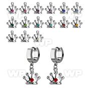 erhcr2 steel huggies earrings w dangling crown w single crystal