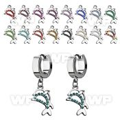 erhdp17 steel huggies earrings w dangling crystal twin dolphins