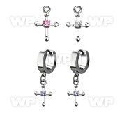 erhz14s steel huggies earrings w small dangling cross w tiny cz
