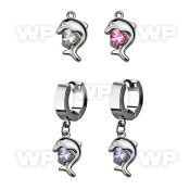 erhz300 steel huggies earrings w dangling dolphin design w cz