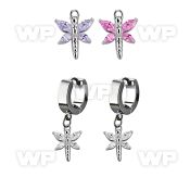 erhz349 steel huggies earrings w dangling dragonfly w cz wings