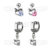 erhz374 steel huggies earrings w dangling apple design w cz