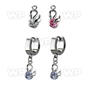erhz376 steel huggies earrings w dangling swan design w round cz