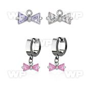 erhz408 steel huggies earrings w dangling prong set cz bow