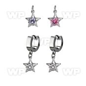 erhz414 steel huggies earrings w dangling star shape w round cz