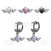 erhz586 steel huggies earrings w dangling heart shaped cz w wing