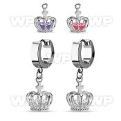 erhz590 stainless steel huggie w dangling crown w cz