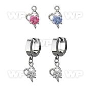 erhz9 steel huggies earrings w dangling heart w a big round cz
