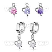 erhz9 steel huggies earrings w dangling heart w a big round cz