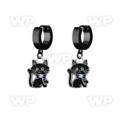 erk503 black steel huggies earrings w dangling black cat design