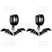 erk569 black steel huggies earrings w dangling black bat