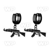 erk631 black steel huggies earrings w dangling black ak47