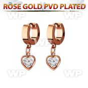 errz419 rose gold pvd plated steel huggie w dangling heart w cz