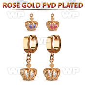 errz590 rose gold stainless steel huggie w dangling crown w cz