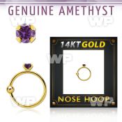 ghge1 14kt gold nose hoop w a 2mm prong set amethyst stone