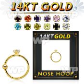 ghz15 14kt gold nose hoop w a 1.5mm prong set round cz