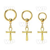 gold steel ball closure ring 14g w a dangling ankh cross 