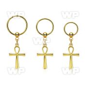 gold steel ball closure ring 16g w a dangling ankh cross 