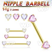 gold steel nipple barbell w prong set heart shaped czs