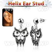 hexvd21 925 silver helix earstud w dangling owl