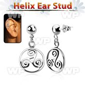 hexvd23 925 silver helix earstud w dangling triskele