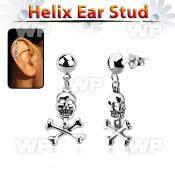 hexvd28 925 silver helix earstud w dangling skull w crossed bone