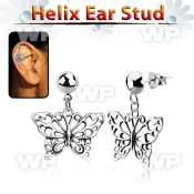 hexvd5 925 silver helix ear stud w dangling silver butterfly