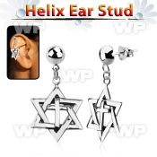 hexvd7 silver helix ear stud w dangling david star with cross