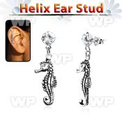 hexzd13 925 silver helix earstud w cz dangling silver sea horse