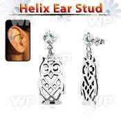 hexzd15 925 silver helix earstud w cz dangling 925 silver owl