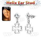 hexzd19 925 silver helix earstud w cz a cross dangling
