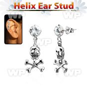 hexzd28 925 silver helix earstud w cz skull with crossed bone
