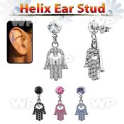 hexzd35 silver helix ear stud w 6mm cz dangling small hamsa