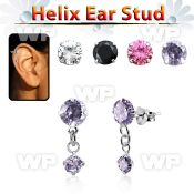 hexzd37 silver helix ear stud w dangling 3mm round prongset cz 