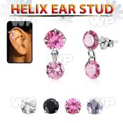 hexzd42 silver helix ear stud w dangling 6mm round prongset cz 