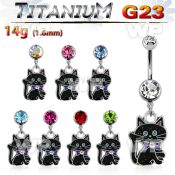 hj61spz g23 titanium belly ring dangling black catcrystal on belly piercing