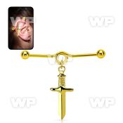 indtd17 gold plated steel industrial loop barbell w ball & dagger