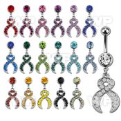 j6109y steel belly ring w dangling crystal studded ribbon length belly piercing