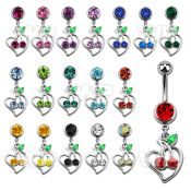 j610l0 steel belly ring w dangling crystal cherries in heart sha belly piercing