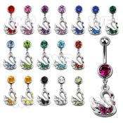 j610lk steel belly ring w dangling swan crystals length 10mm 3 belly piercing