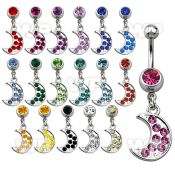 j610pe steel belly ring w dangling moon crystals length 10mm 3 belly piercing