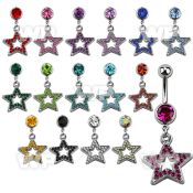 j610tt steel belly ring w dangling crystal studded star length belly piercing