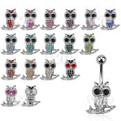j610ys steel belly ring lower crystal owl sitting onbranch belly piercing