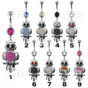 j610yt steel belly ring w dangling crystal studded owl sitting belly piercing