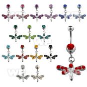 j611i steel belly ring w dangling dragonfly crystals studded belly piercing